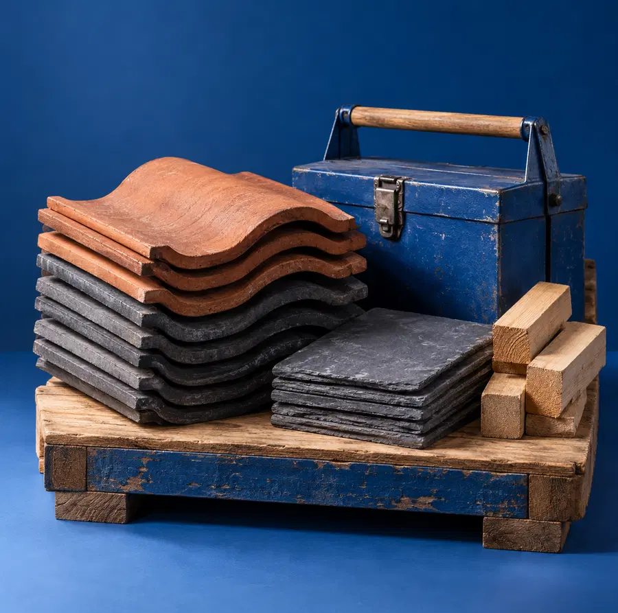 Illustration of roofing businesses equipment and workspace